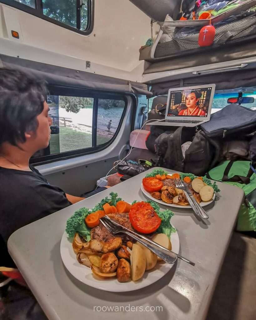 Netflix and dinner in the campervan, New Zealand - RooWanders