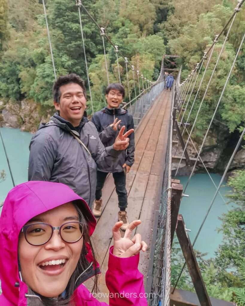 Over a suspension bridge, Hokitika Gorge, West Coast, New Zealand - RooWanders