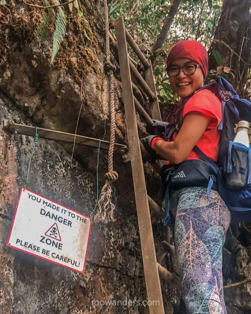 Climbing a ladder, Mulu National Park, Malaysia - RooWanders