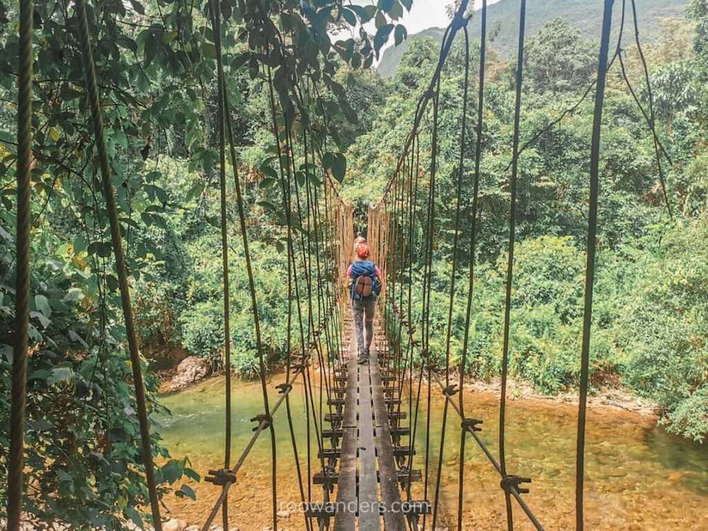 Crossing a suspension bridge, Mulu National Park, Malaysia - RooWanders
